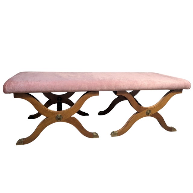 Mid 20th Century Vintage Dorothy Draper Espana Pink Velvet Bench With Curule Legs For Sale - Image 5 of 15