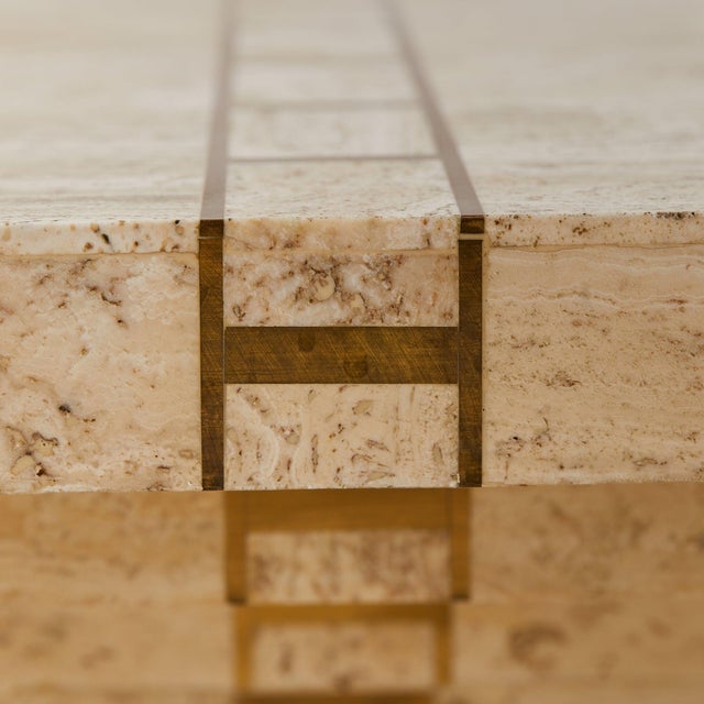 Beige Italian Travertine Veneer Coffee Table with Brass Inlay, 1970s For Sale - Image 8 of 11