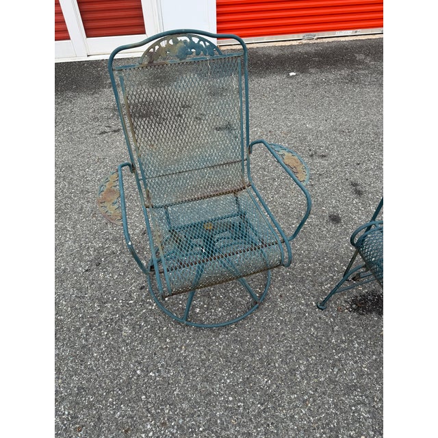 American Vintage Wrought Iron Woodard Conversation Set Glider & 2 Swivel Chairs, Attributed For Sale - Image 3 of 7