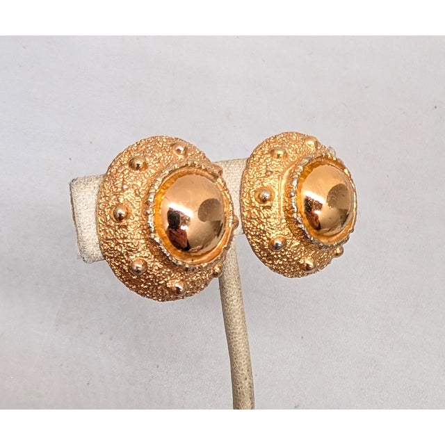 Mid-Century Modern Vintage 1971 Signed Napier Egyptian Revival Round Goldtone Clip Earrings-2 Pieces For Sale - Image 3 of 7