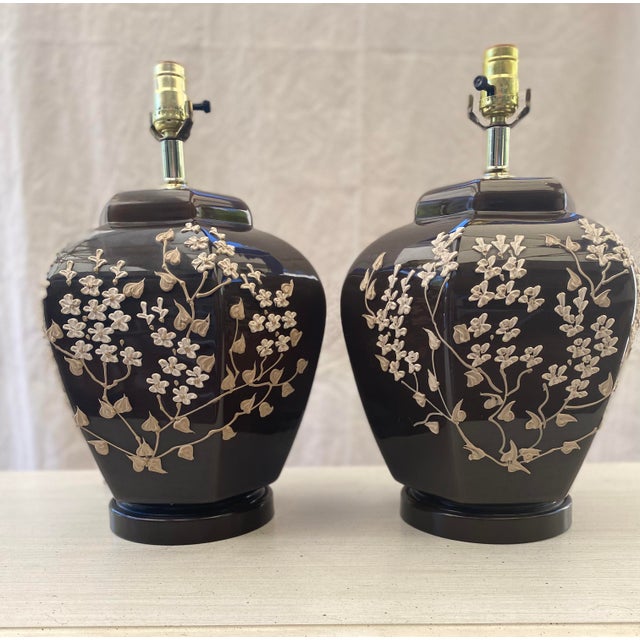 Cocoa Ginger Jar Lamps With Raised Floral Relief and Shades - a Pair For Sale - Image 9 of 13