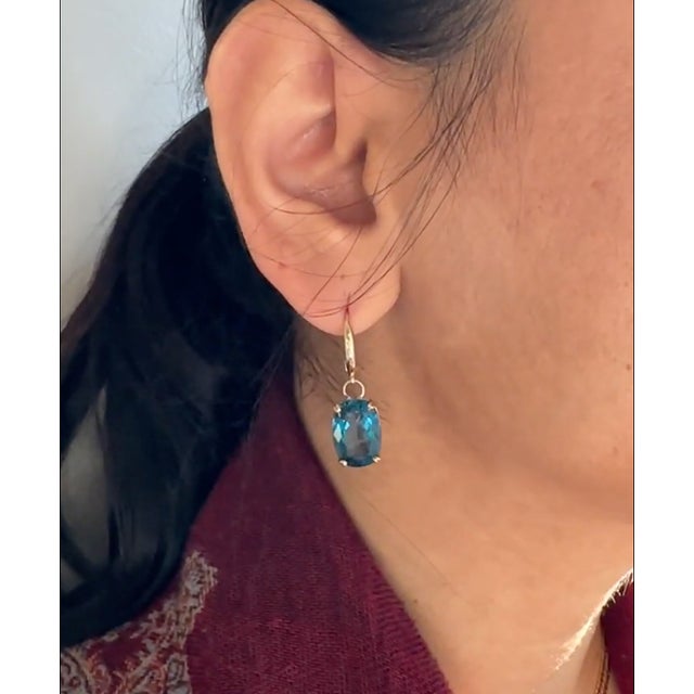 16ct Solitaire London Blue Topaz Earrings in Solid 14K Yellow Gold | OV 14x10mm For Sale - Image 4 of 4