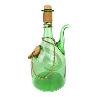 Vintage Hand Blown Italian Green Glass Wine Decanter Carafe With Ice Chamber Chiller and Stoppers For Sale