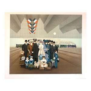 Jan Balet, Naive Lithograph Paris Train Station Wedding Party, Honeymoon Scene Folk Art