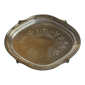 Vintage Vanity or Serving Tray Silver Plate Etched Filigree Oval Primrose Catering Dish