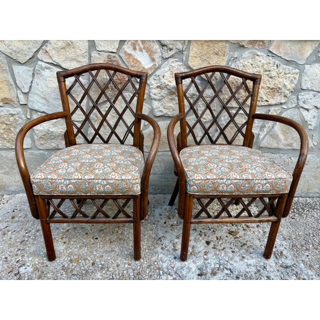 1970s Pair of Vintage Diamond Lattice Backed Bent Arm Chairs For Sale - Image 5 of 7