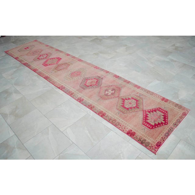 Textile Hand-Knotted Turkish Runner Rug . Low Pile Hallway Decor Runner Rug 2′9″ × 12′10″ For Sale - Image 7 of 10