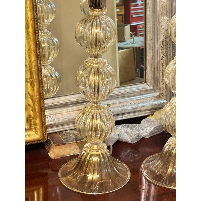 Modern Modern Gold Murano Glass Ball Form Lamps - Pair For Sale - Image 3 of 6