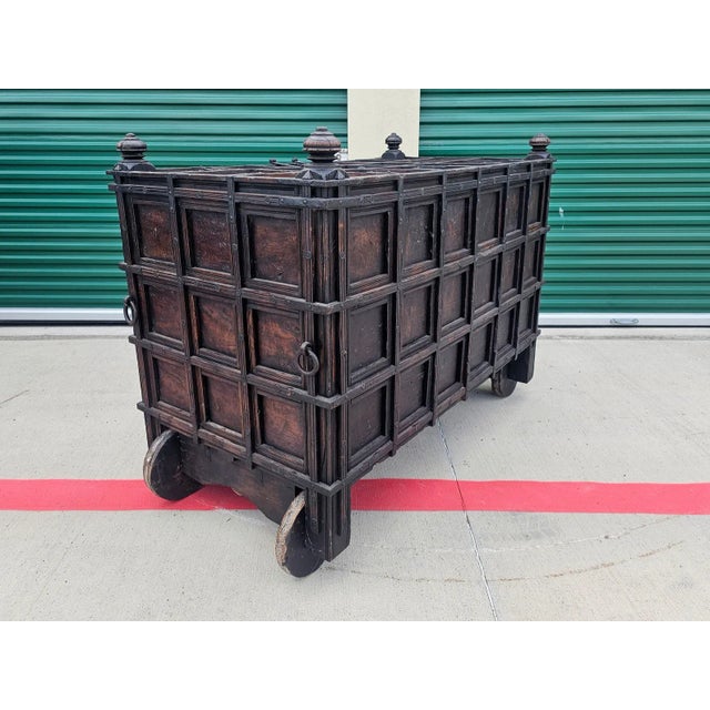 Monumental 19th Century India Iron Strapped Teakwood Damchiya Dowry Chest For Sale - Image 10 of 12