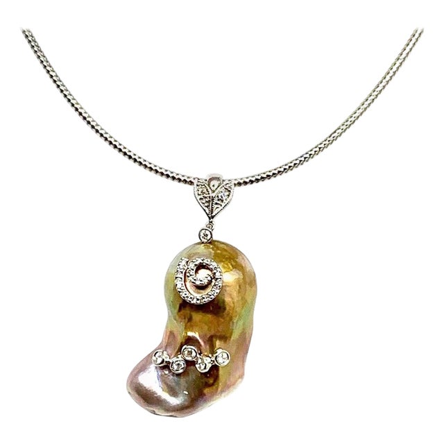 Diamond Freshwater Pearl Necklace Baroque 14k Gold Italy Certified For Sale
