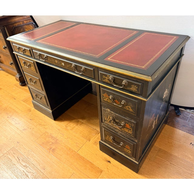Chinoiserie Chinoiserie Ebonized Hand Painted Kneehole Leather Top Desk For Sale - Image 3 of 12