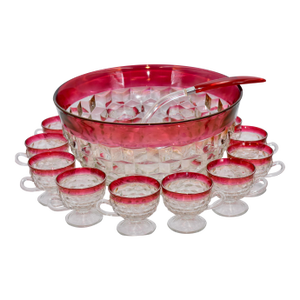 1960s Faceted Punch Bowl 12 Cups & Ladle Whitehall Ruby Flash Crystal by Colony- 13 Pieces