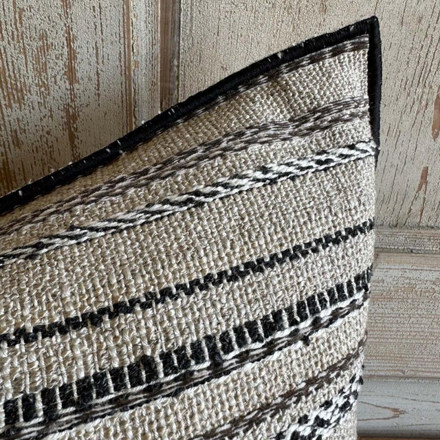 Mid-Century Modern Custom Embroidered Stripe French Linen and Wool Pillow With Insert For Sale - Image 3 of 5