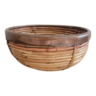 1960s Mid-Century Italian Pencil Reed Rattan Bowl With Brass or Copper Trim. For Sale