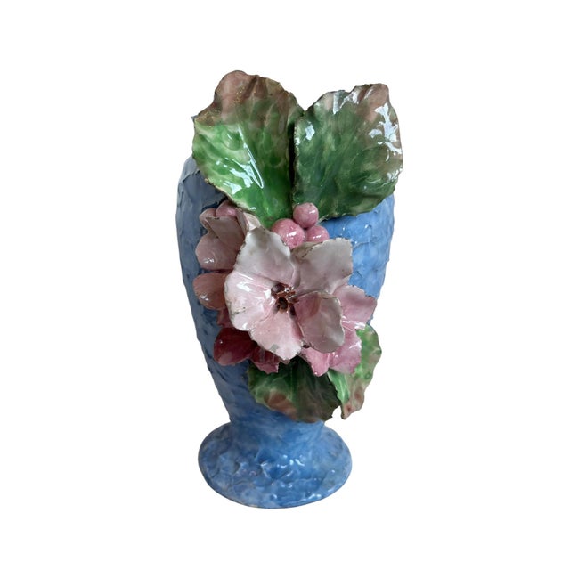 A charming mid century Barbotine majolica vase, beautifully decorated with hand modeled flowers, berries, and lush foliage...