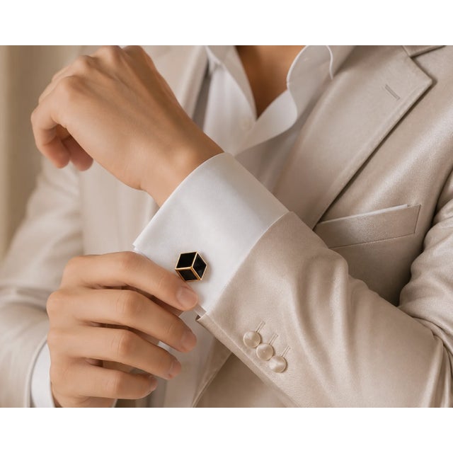 Art Deco Late 20th Century 14K Yellow Gold Onyx Geometric Mens Cufflinks, Pair For Sale - Image 3 of 3