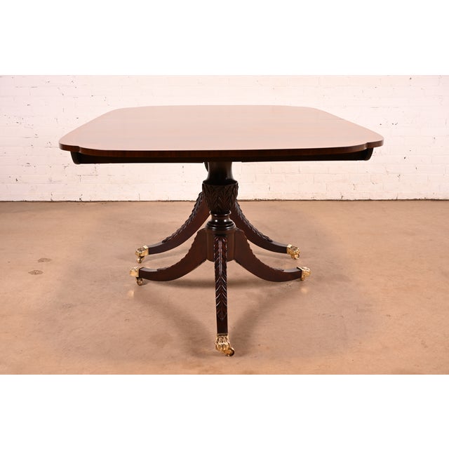 Stickley Georgian Banded Flame Mahogany Double Pedestal Extension Dining Table | Newly Refinished For Sale - Image 12 of 14