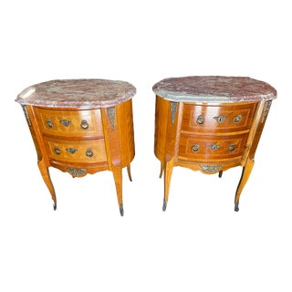 Louis XV Style Nightstands a Pair Marble Topped Circa 1950 For Sale