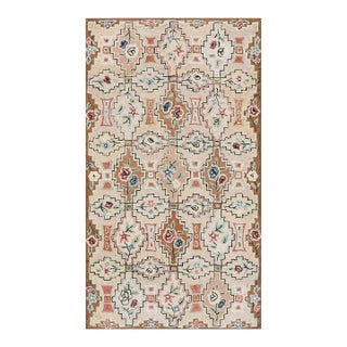 Wonderful Beige Background With Geometric Shapes and Floral Design Antique American Hooked Rug For Sale