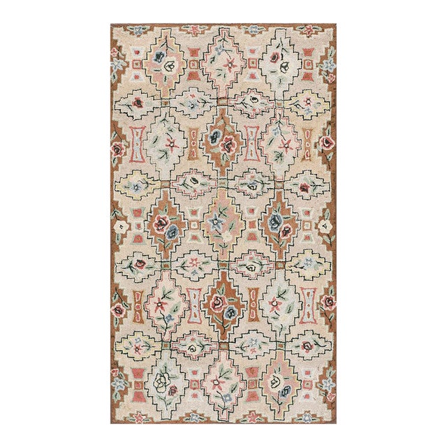 Wonderful Beige Background With Geometric Shapes and Floral Design Antique American Hooked Rug For Sale