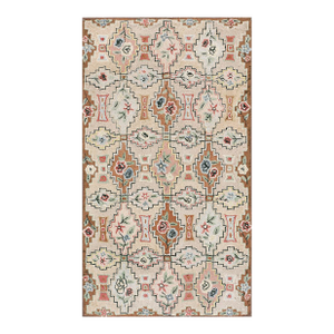 Wonderful Beige Background With Geometric Shapes and Floral Design Antique American Hooked Rug