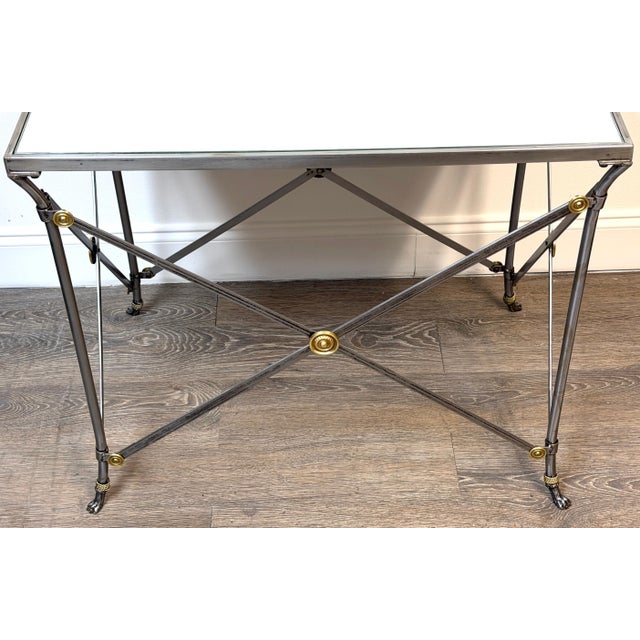 Metal Maison Jansen Style French Neoclassical Steel & Brass Mirrored Gueridon Table For Sale - Image 7 of 13