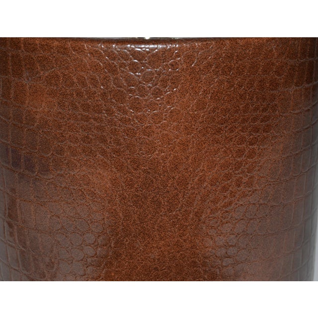 Metal 1960s Brown Faux Alligator Texture Leather Insulated Ice Bucket Steel Tongs For Sale - Image 7 of 13