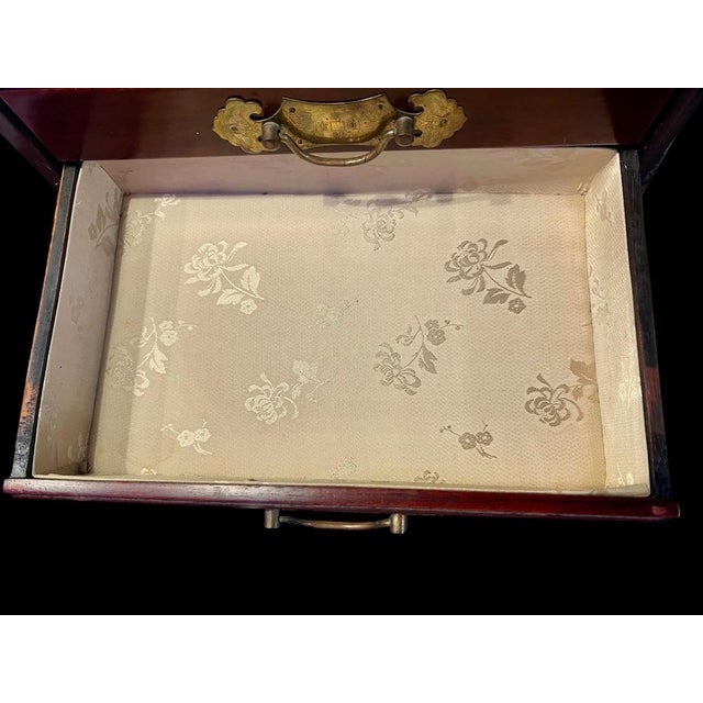 Red Vintage Chinese Chinoiserie Oriental Rosewood & Brass Jewelry Box, Silk Lining For Sale - Image 8 of 10