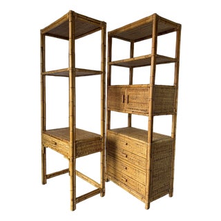 Vintage Coastal Rattan & Bamboo Étagères – A Pair For Sale