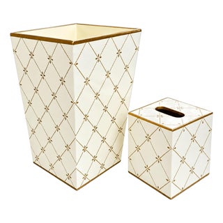 Allen G Designs Hand-Painted Ivory & Gold Wastebasket & Tissue Box Set For Sale