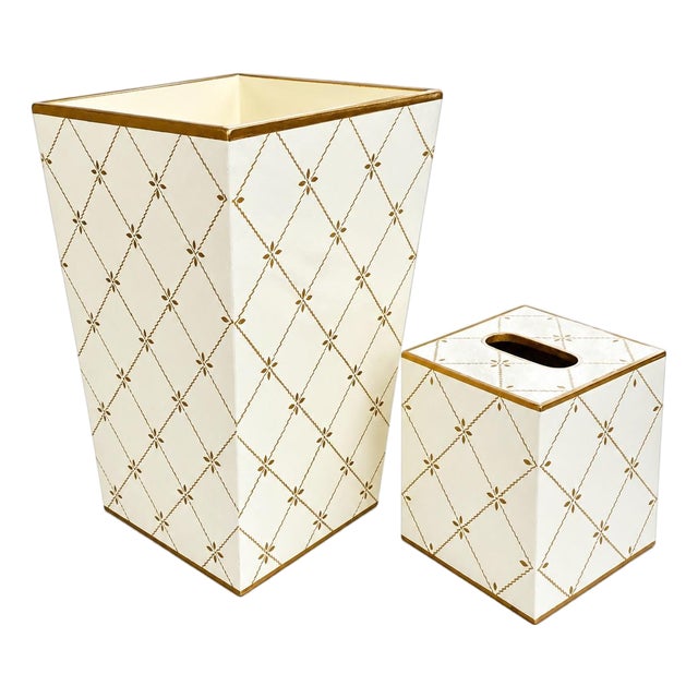 Allen G Designs Hand-Painted Ivory & Gold Wastebasket & Tissue Box Set For Sale
