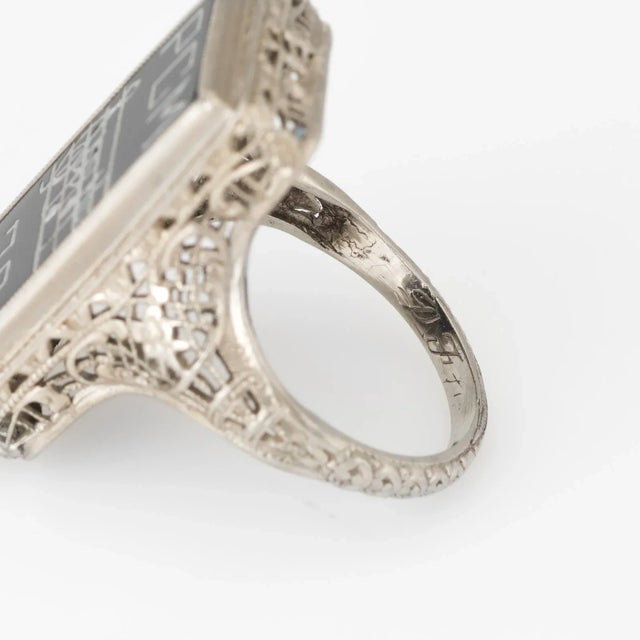 Metal Antique Deco Music Sheet Ring Vintage 14 Karat White Gold Onyx size 4.5 For Sale - Image 7 of 8
