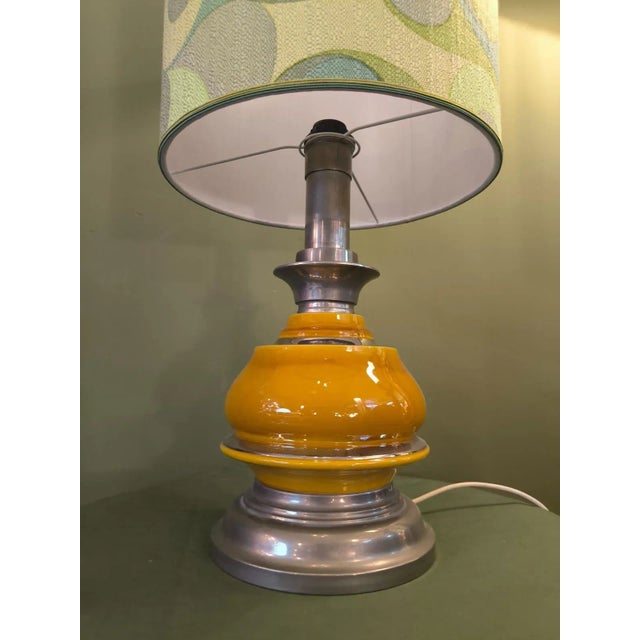Mid-Century Modern Ceramic and Steel Lamp with Patterned Lampshade, 1970s For Sale - Image 3 of 9