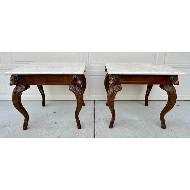 Mid-Century Modern Vintage Ram’s Head Carved Walnut & Travertine Side Tables Attributed to Minton Spidell – Pair For Sale - Image 3 of 18