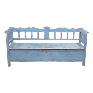 Antique Pine Hungarian Storage Bench With Old Blue Paint For Sale