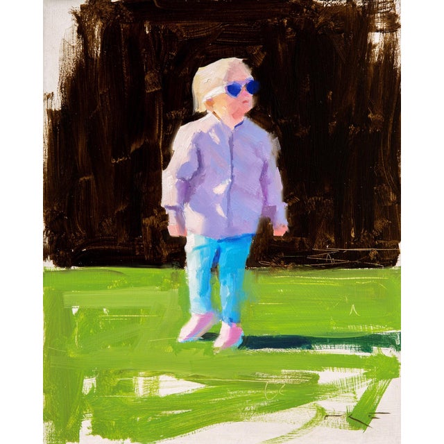 Too cool for a three year old by Thorgrimur Einarsson | Oil on Panel Painting of a child in sunglasses For Sale