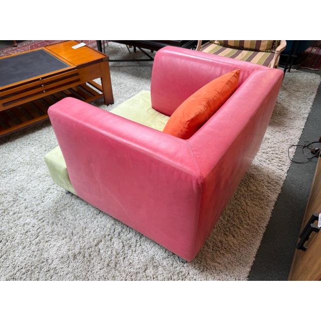 2000 - 2009 Celery Micro-Suede + Rose Pink Leather Chair + Ottoman For Sale - Image 5 of 12