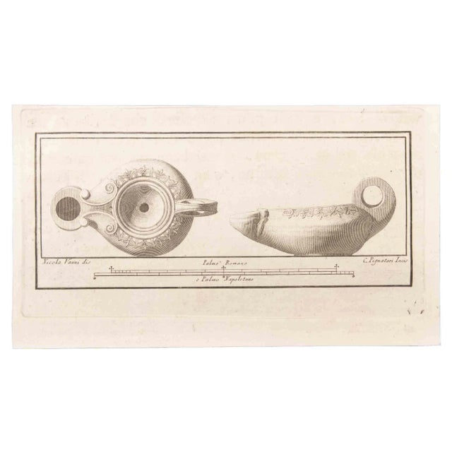 Carlo Pignatari, Oil Lamp with Decoration, Etching, 18th Century For Sale