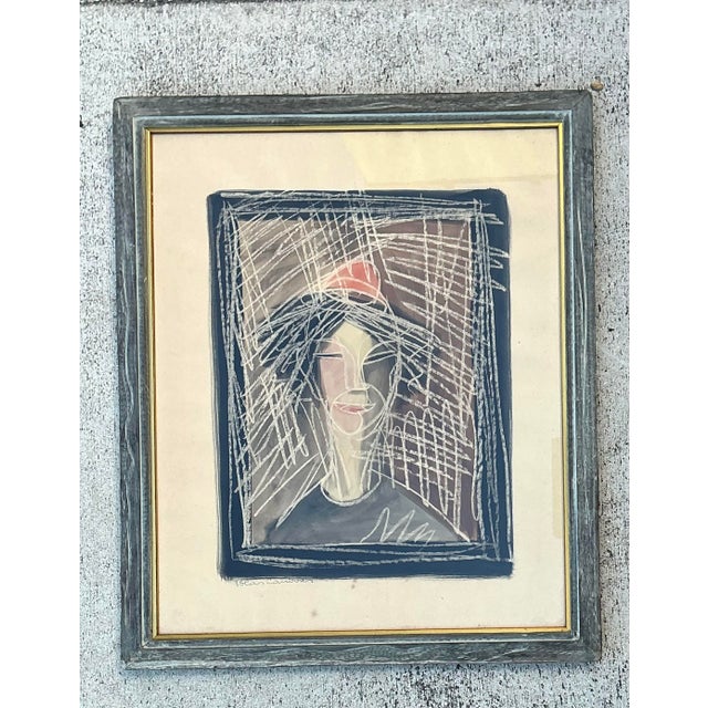 Vintage Mixed Media Portrait on Paper For Sale - Image 4 of 12