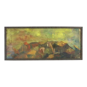 Vintage Wide Abstracted Mountain Landscape Oil Painting
