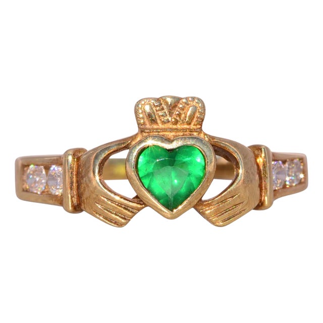 The Bantry: Irish Made Designer Signed Lab Emerald and Cubic Zirconia Claddagh Ring For Sale