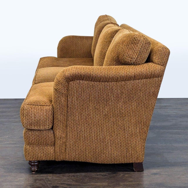 Traditional Comfortable 3-Seat Brown Fabric Sofa With Rolled Arms For Sale - Image 3 of 9