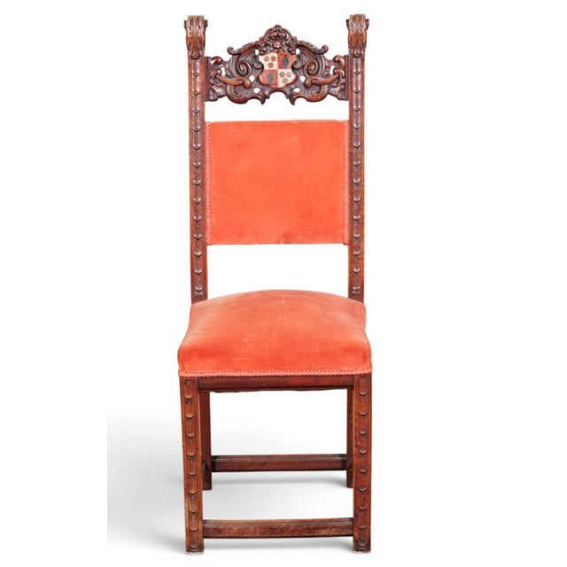 Gothic Late 19th Century Carved Walnut Baroque High-Back Chairs With Painted Heraldic Crests — A Pair For Sale - Image 3 of 7