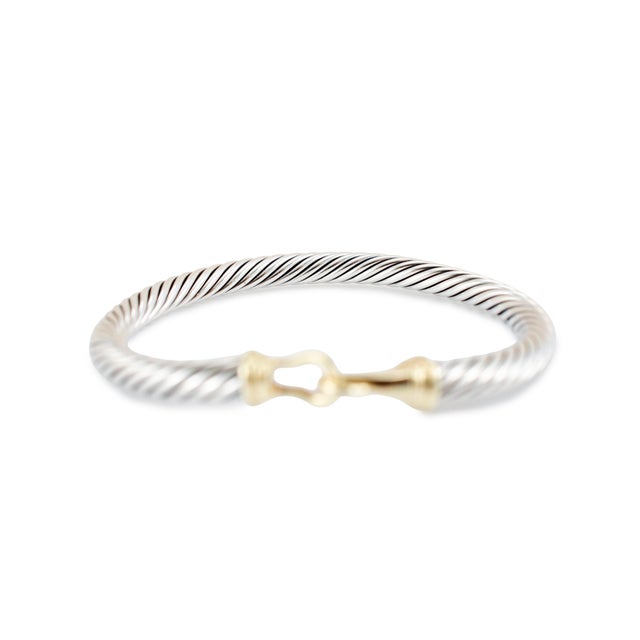 Early 21st Century David Yurman 925 Silver 14k Yellow Gold Buckle Classic Cable Bangle Bracelet For Sale - Image 5 of 9