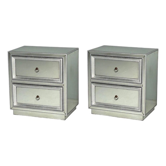 Hollywood Regency Style, Silver Leaf, Distressed Glass, Mirrored Nightstands For Sale
