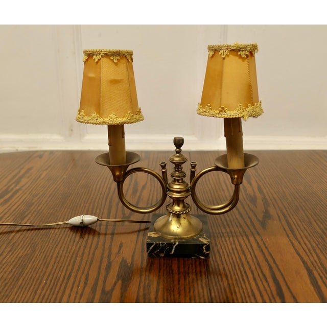 French Art Deco Twin Table Lamp, Hunting Design This is a charming piece, it is made in brass and is set on a marbel...