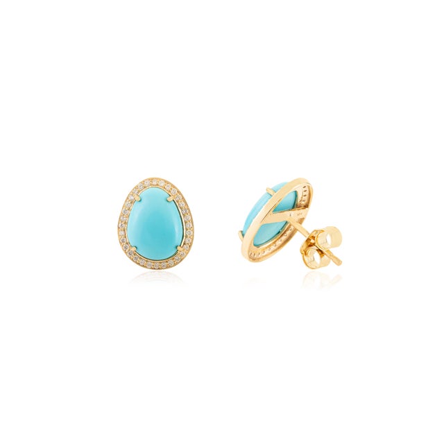 Not Yet Made - Made To Order 14k Gold 4.38 Ct Prong Set Turquoise Cabochon Diamond Halo Stud Earrings- A Pair For Sale - Image 5 of 11