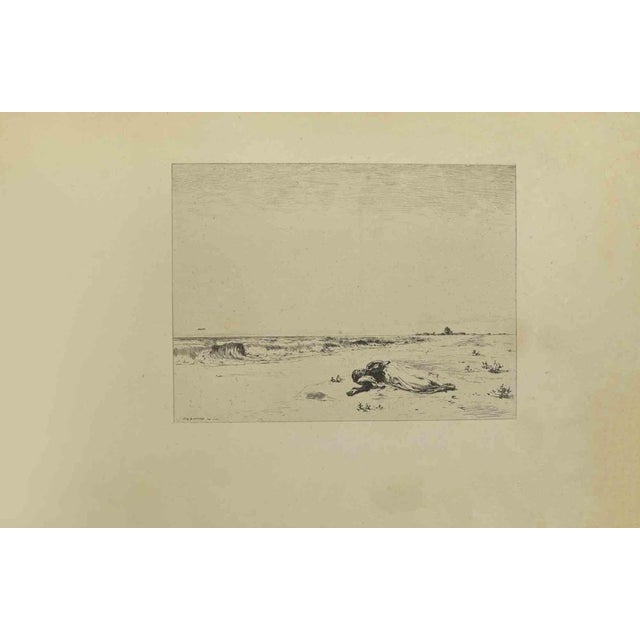 Death Beside The Sea is an etching realized by Eugène Burnand (1850-1921) in the Late 19th century. Signed on the plate....