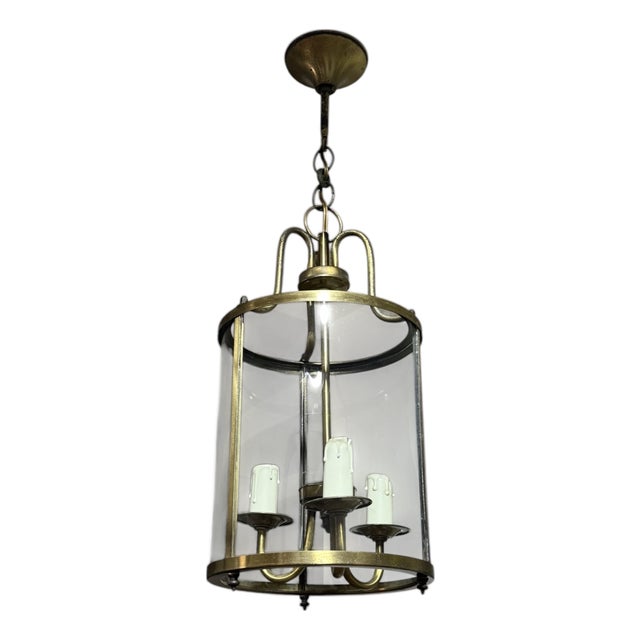 French Brass Lantern with Convex Glass Panels, France, 1950s For Sale
