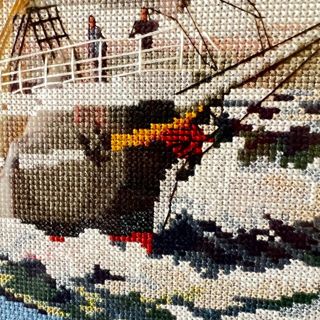 Vintage Signed Nautical Cross Stitch Ship Framed Textile Art c.1992 For Sale - Image 4 of 11